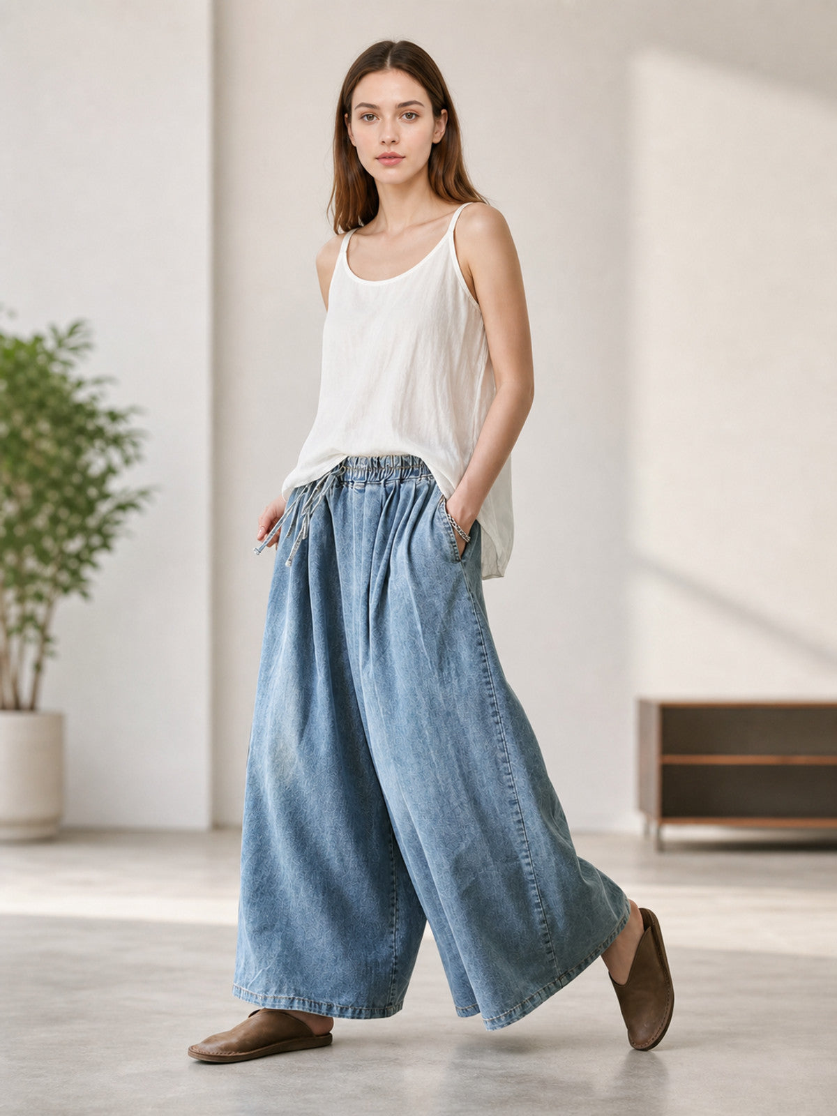 Light Blue Palazzo Pants with an Elastic Waist