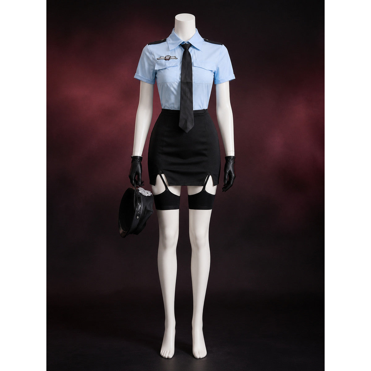 Women's Police Officer Costume Set, Light Blue Short Sleeve Top with Tie and main product view