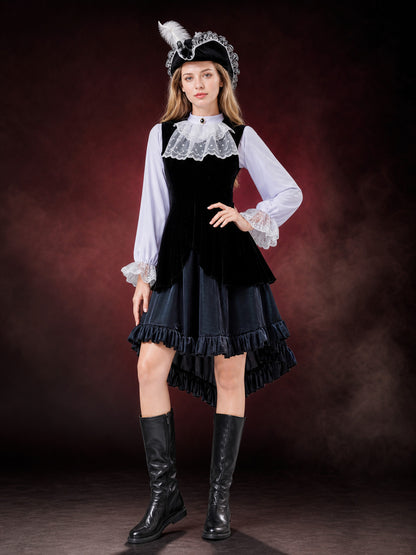 Black And White Pirate Costume Set With Lace Trim, Layered Skirt And Hat