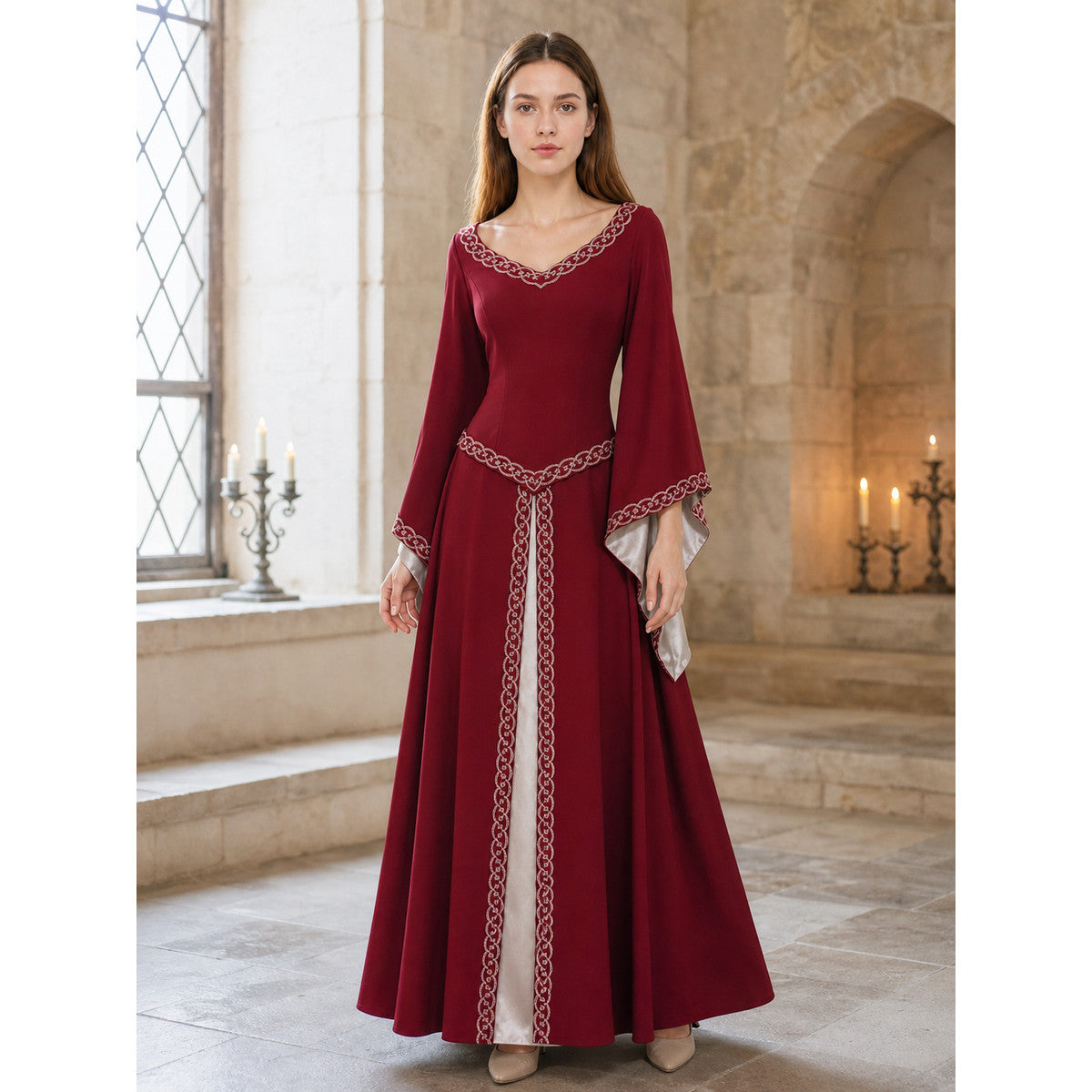 Floor-Length Dress with Long Sleeves and Decorative Trim lifestyle view