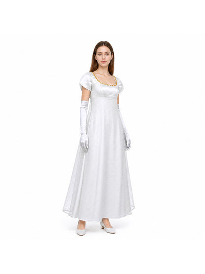 Polka-Dot Dress with a Square Neckline and Puff Sleeves