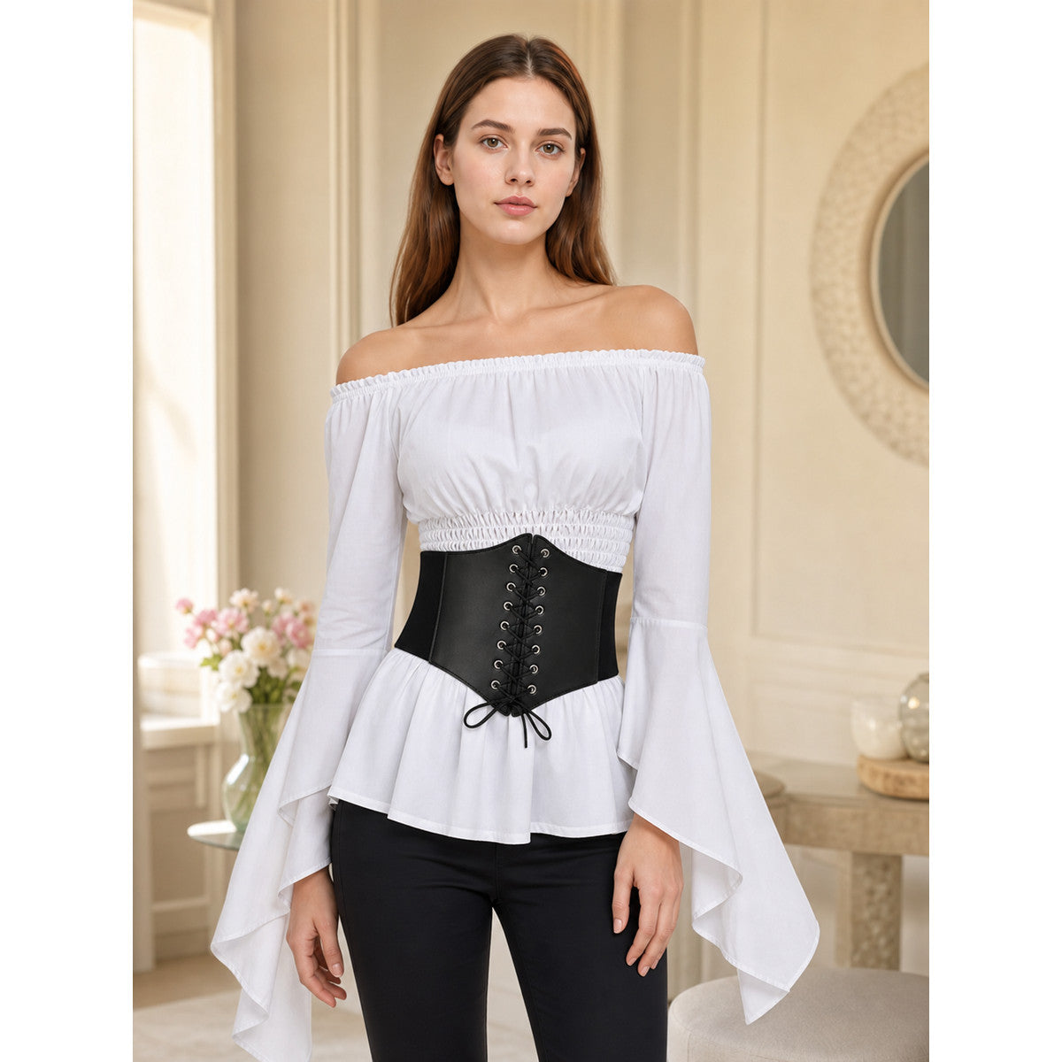 Off-the-Shoulder Blouse with Belt, Vintage Style