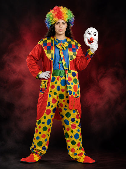 Unisex Colorful Clown Jumpsuit Costume Set With Wig, Collar And Boots main product view