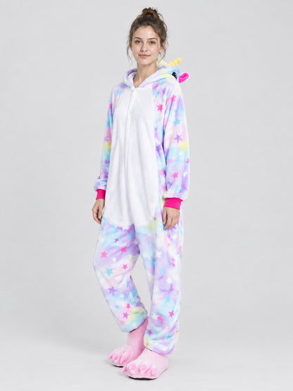 Flannel Hooded Pajama Jumpsuit with Star Print