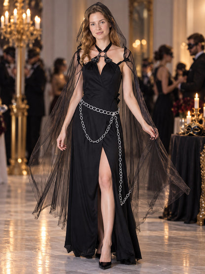 Long Black Carnival Dress with Cape and Chain