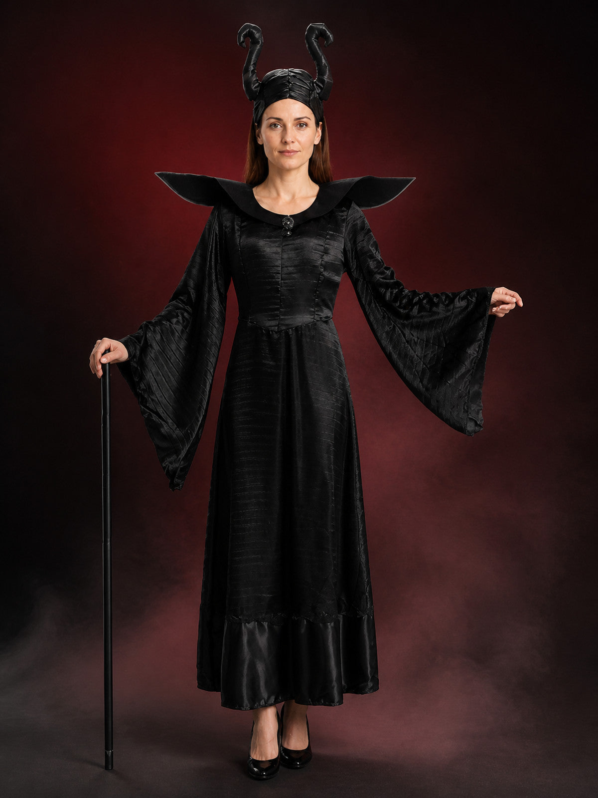 Black Witch Costume Set with Hat, Long Sleeve Flare Dress main product view