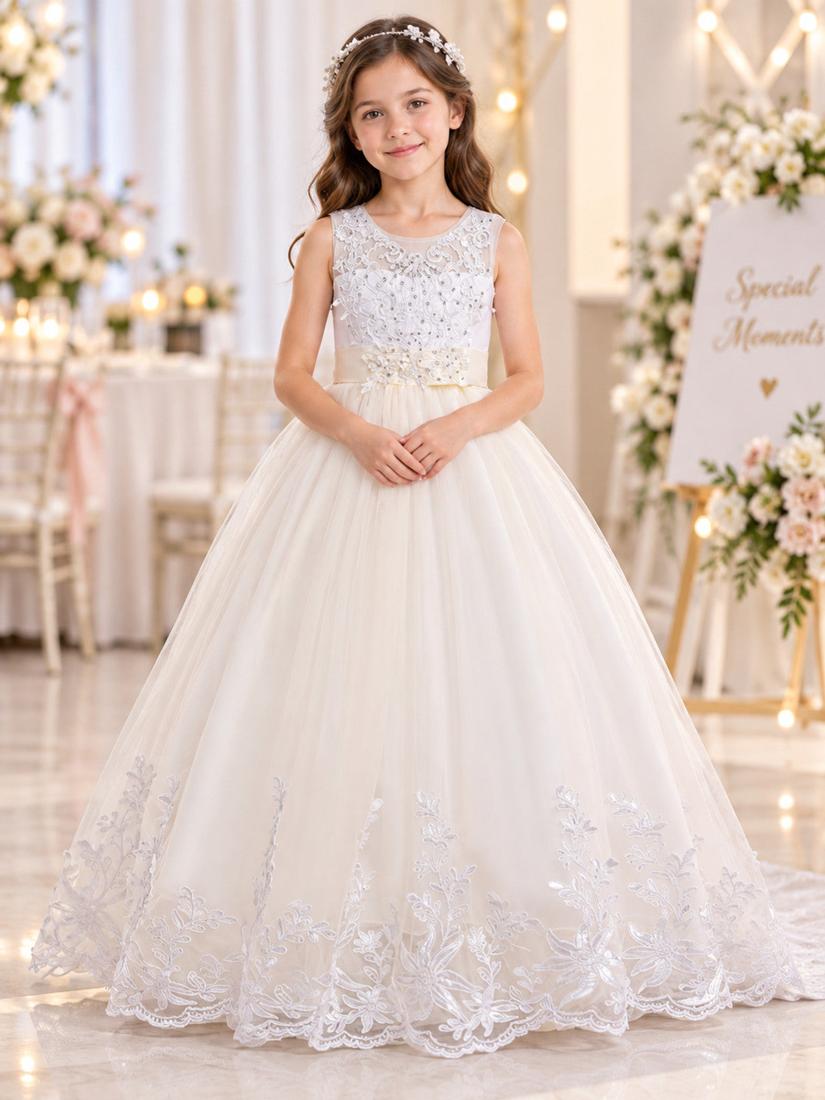 Girls' Formal Floor-Length Dress with Lace and Train