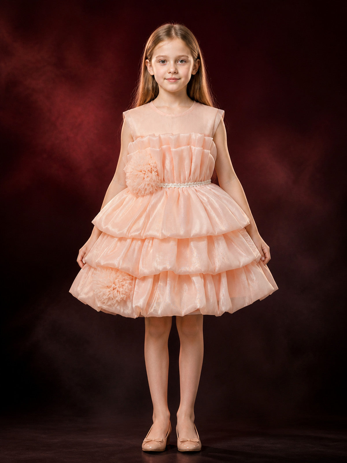 Girls' Pink Princess Cake Dress, Layered Ruffle Skirt with Tulle Flowers and main product view