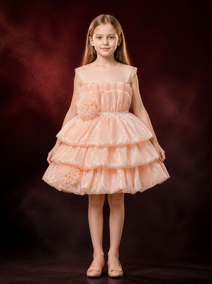 Girls' Pink Princess Cake Dress, Layered Ruffle Skirt with Tulle Flowers and main product view