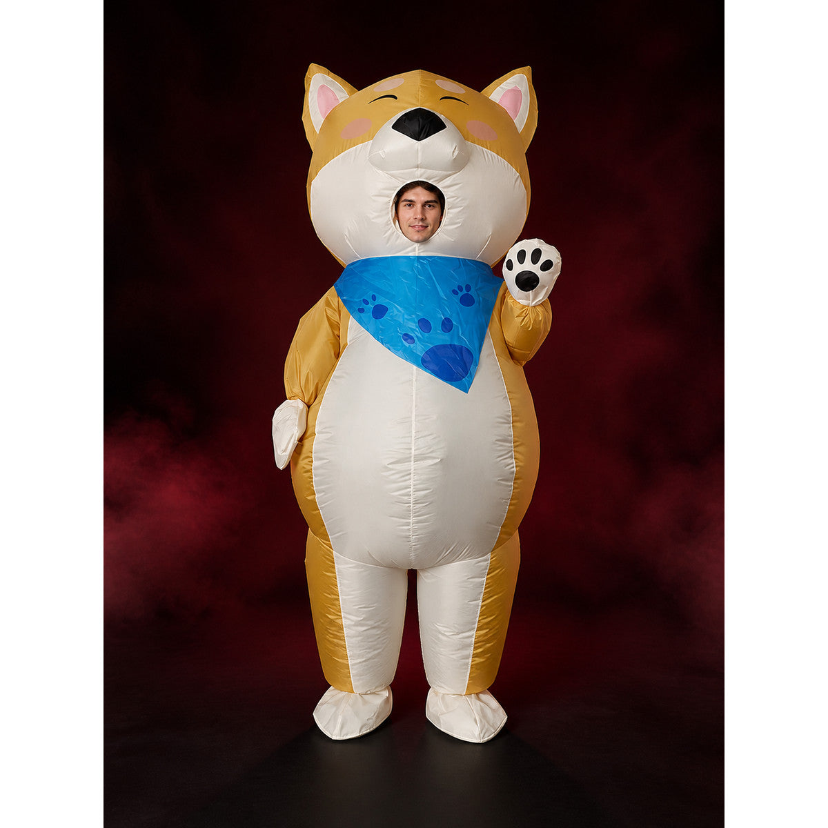 Adult Yellow Cat Inflatable Costume, Animal Suit with Blue Bib and Paw Prints main product view