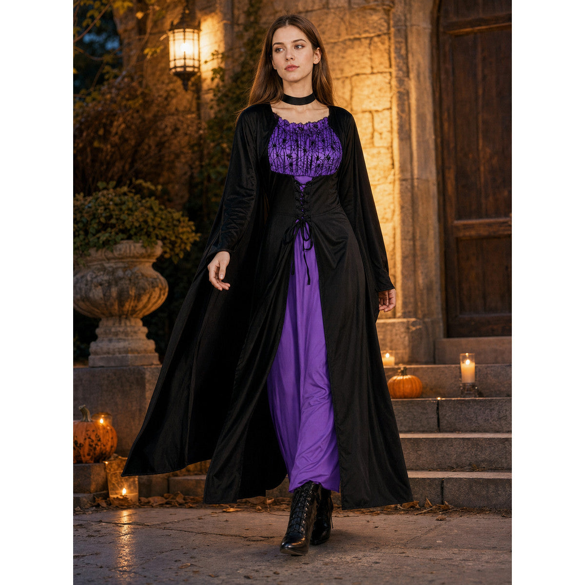 Black Costume Cape with Dress and Hat lifestyle view