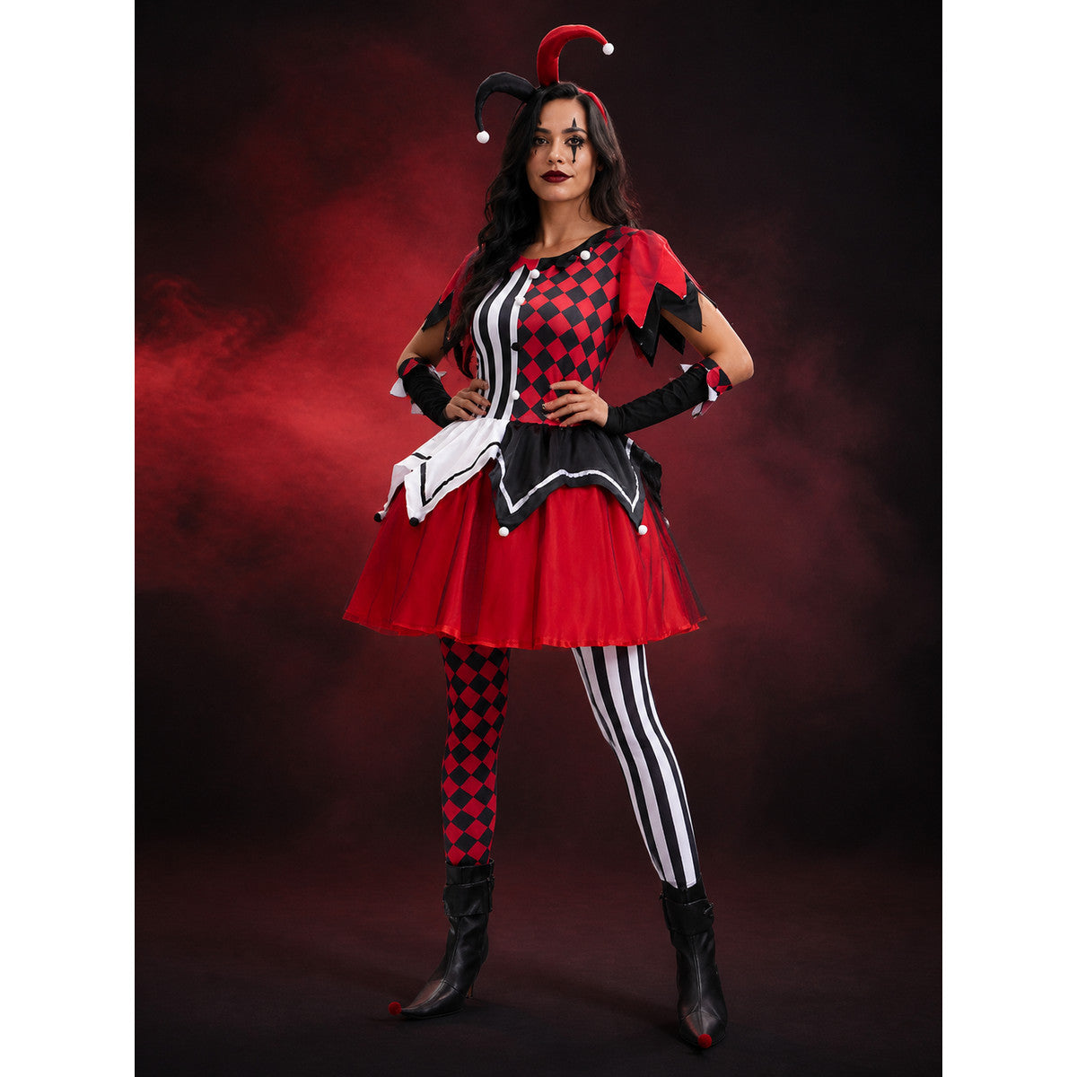 Scary Clown Circus Costume Dress, Red Black Checkered and Striped Print main product view