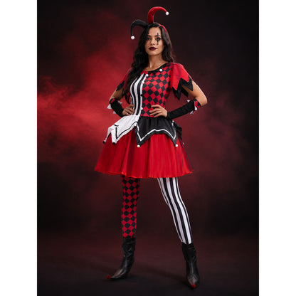 Scary Clown Circus Costume Dress, Red Black Checkered and Striped Print main product view