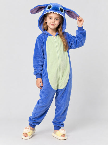 Blue one-piece pajama with hood and cartoon face