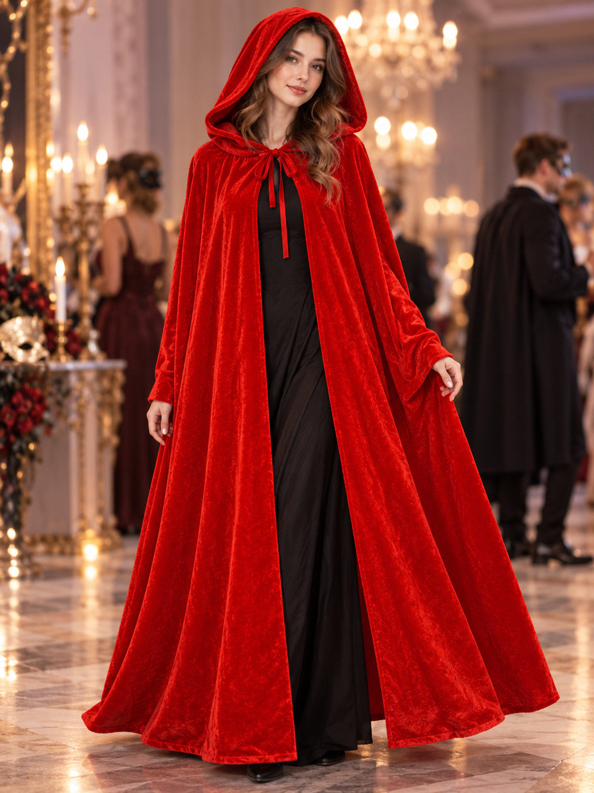 Long Bright Red Velvet Hooded Cloak Cape