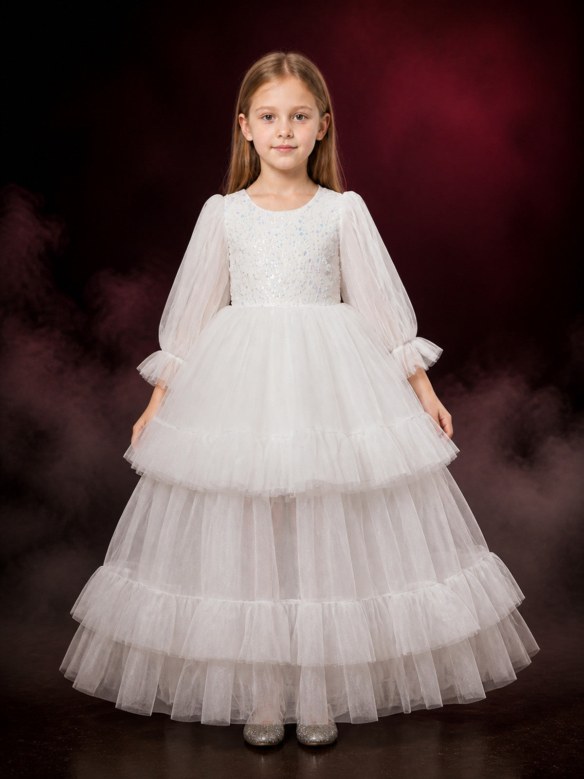 Girls' White Sequin Princess Dress with Layered Tulle Skirt, Long-Sleeve Flower main product view