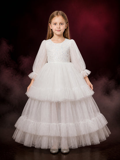 Girls' White Sequin Princess Dress with Layered Tulle Skirt, Long-Sleeve Flower main product view