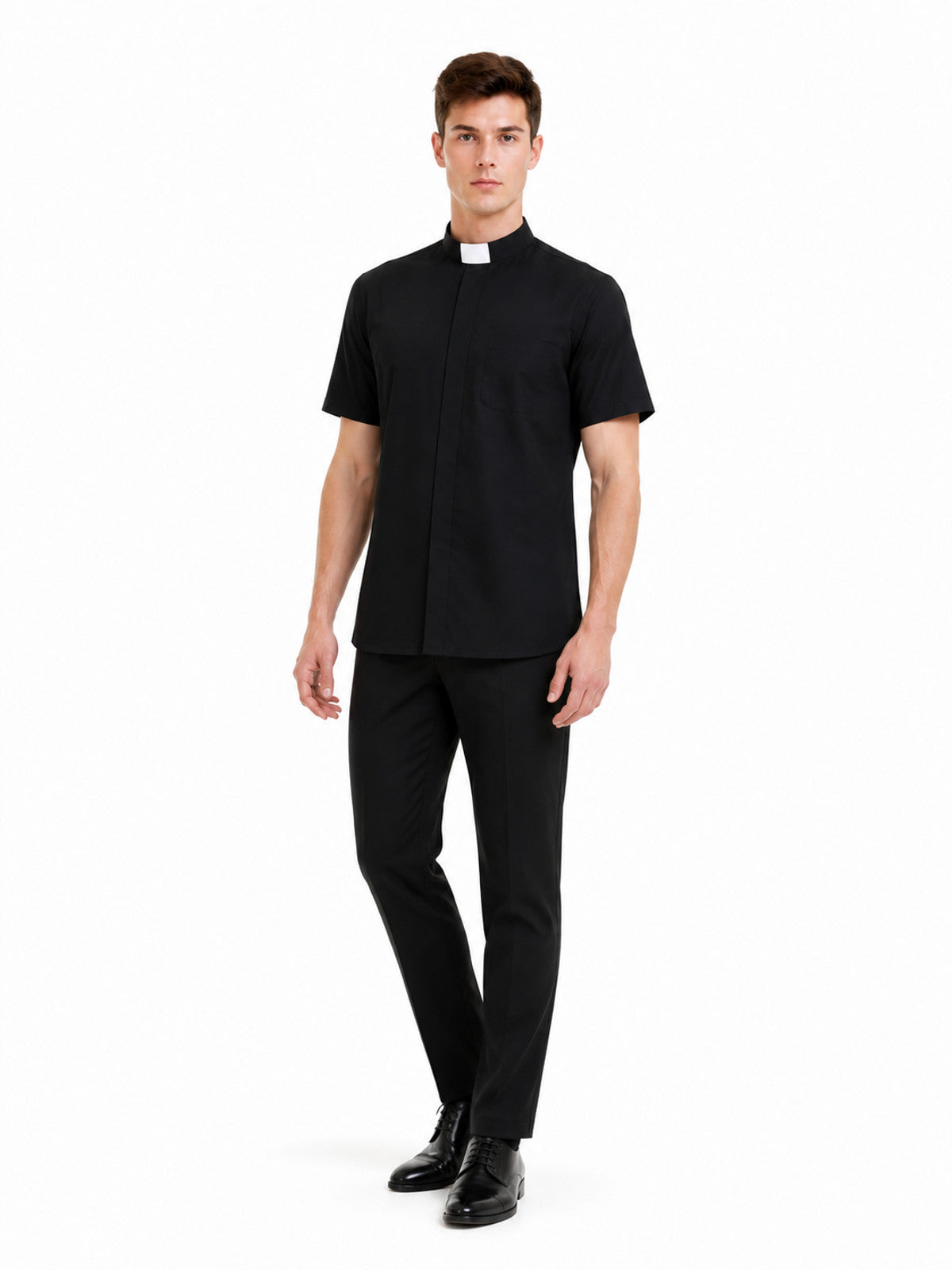 Black Short-Sleeve Shirt with Stand Collar product detail