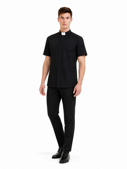 Black Short-Sleeve Shirt with Stand Collar product detail