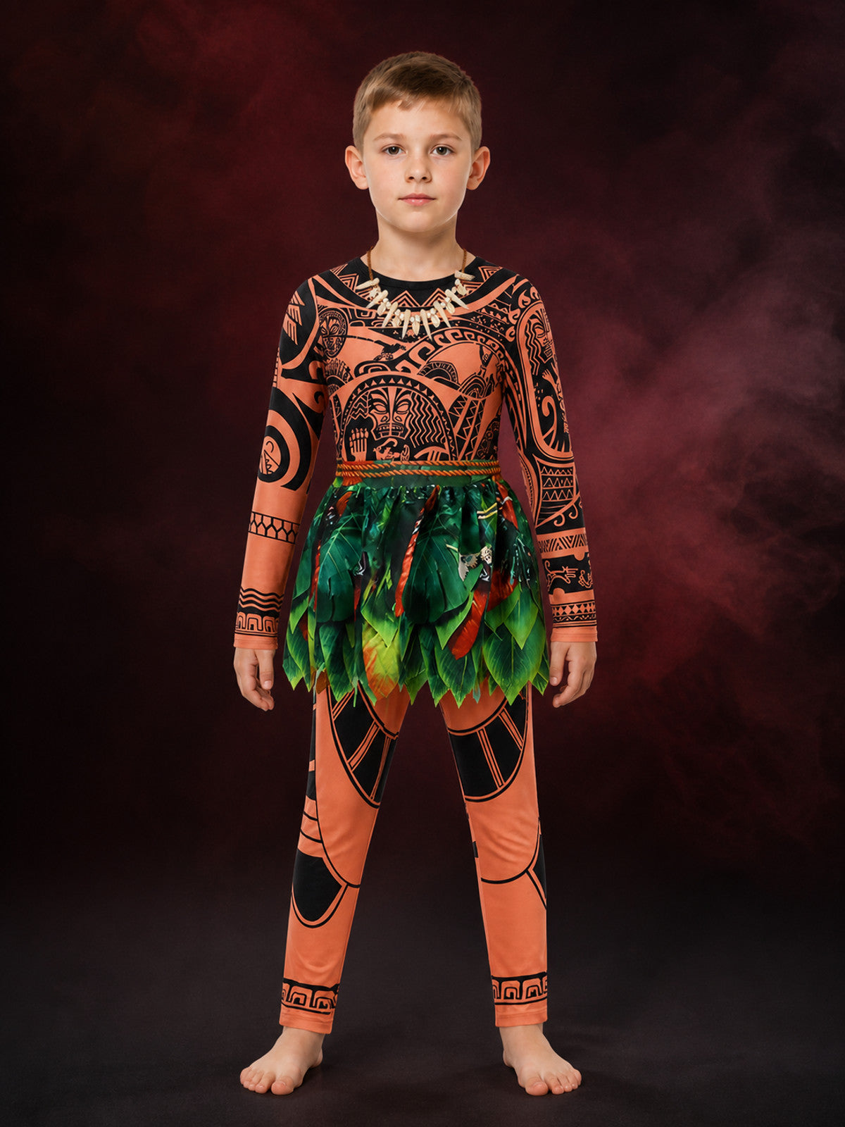 Boys' Tribal Print Bodysuit Costume Set with Leaf Skirt and Necklace