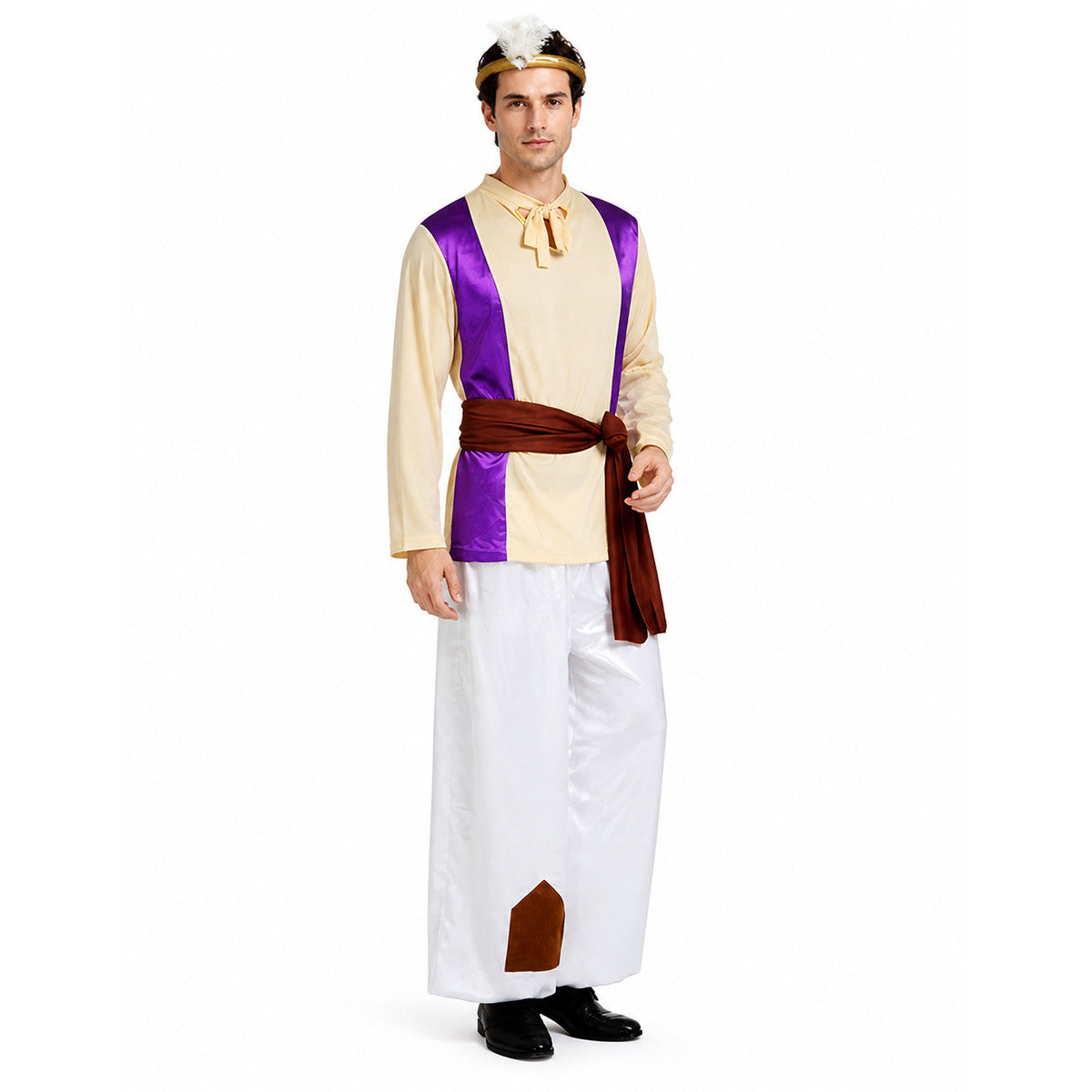 Hooded Halloween Cloak, Beige with Burgundy Stripes on-model front view