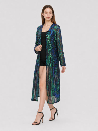 Long Sequin and Embroidered Open-Front Cardigan product detail