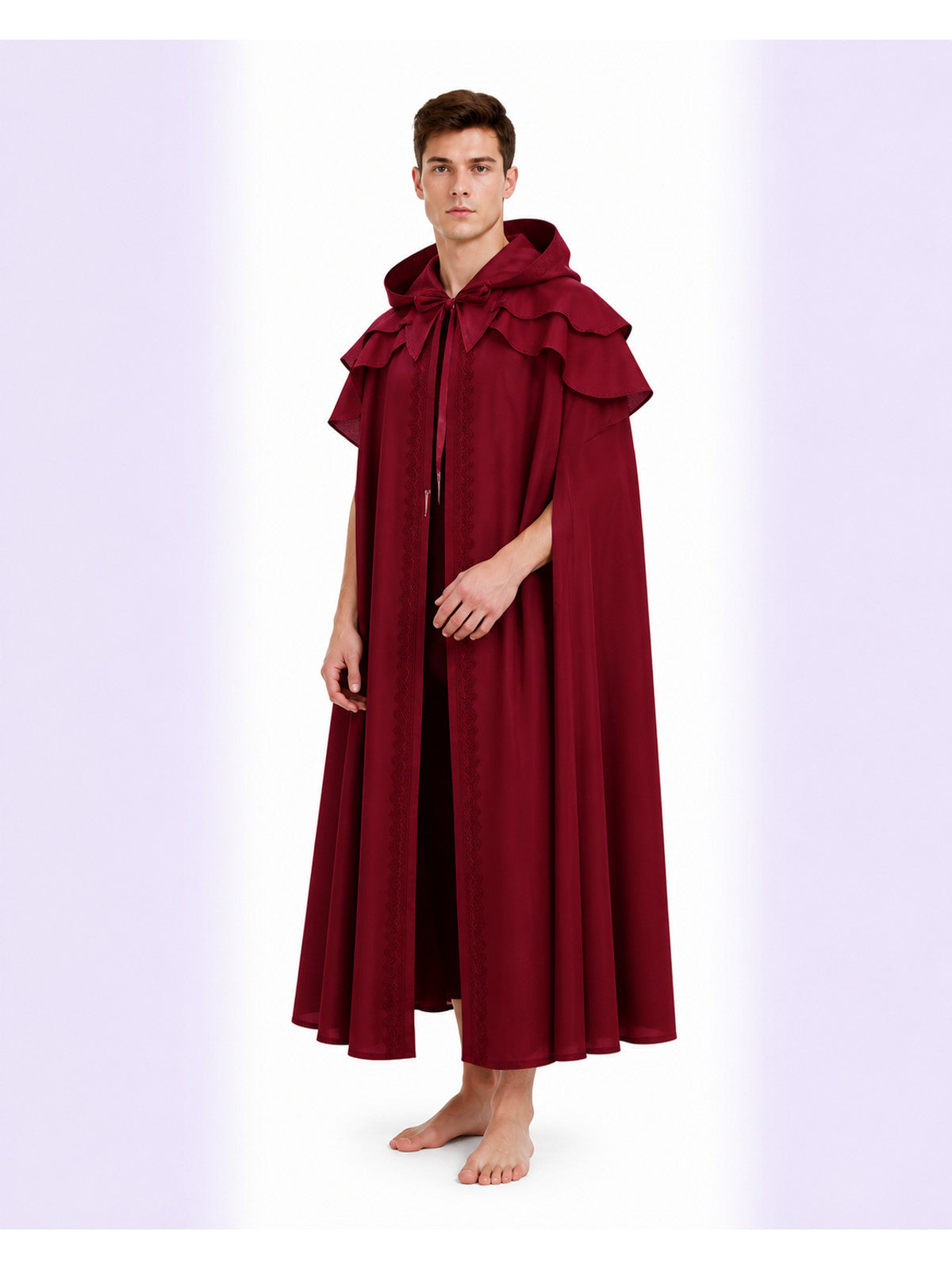 Burgundy Hooded Cloak with Ruffles for Costumes