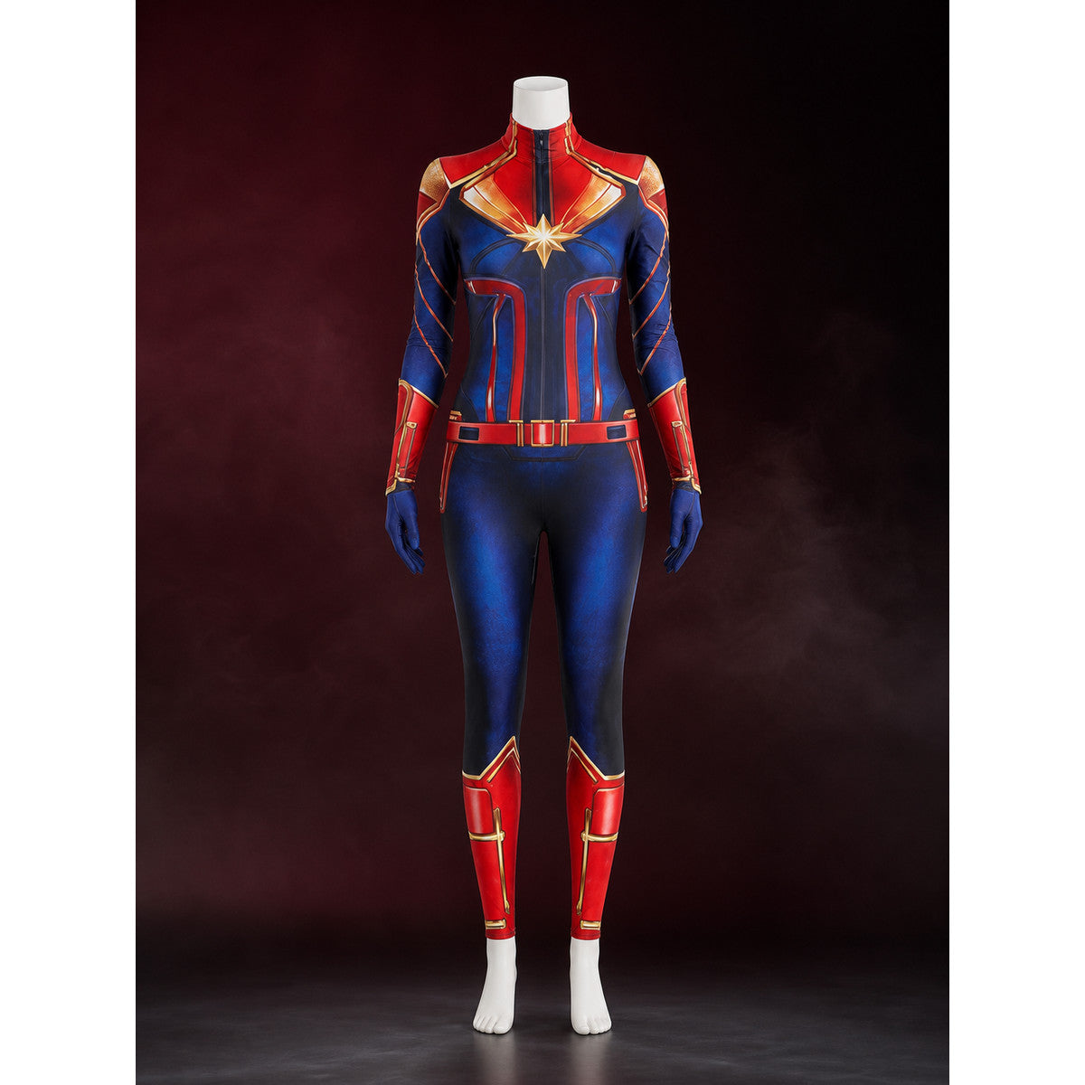 Adult Captain Marvel Bodysuit Costume, Long Sleeve High Neck Red Blue Gold main product view