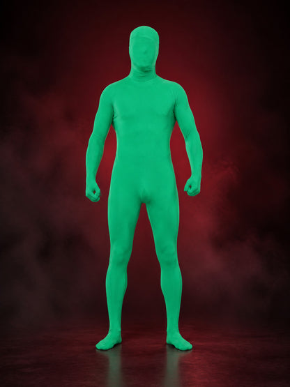 Kids Green Fluorescent Hooded Zentai Jumpsuit Halloween Costume main product view