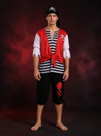 Adult Pirate Halloween Costume Set, Lace-Up Red Vest Top, Black/White Striped