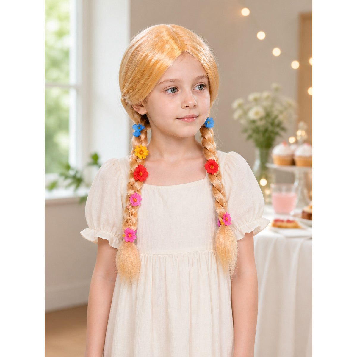 Golden Carnival Wig with a Braid for Halloween lifestyle view