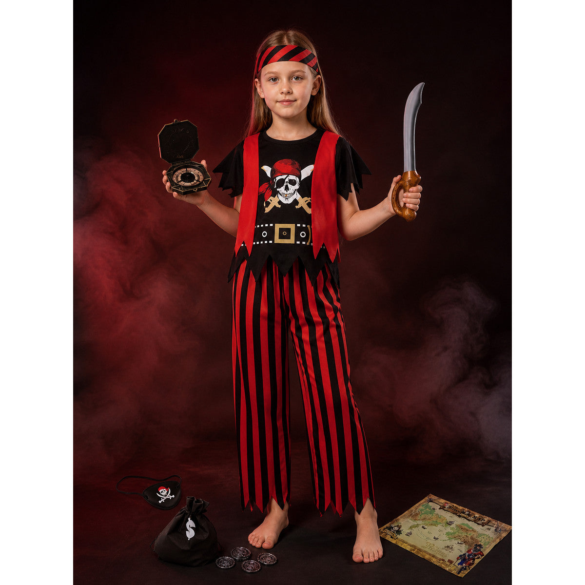 Kids Pirate Costume Set with Skeleton Print, Eye Patch & Halloween Accessories main product view