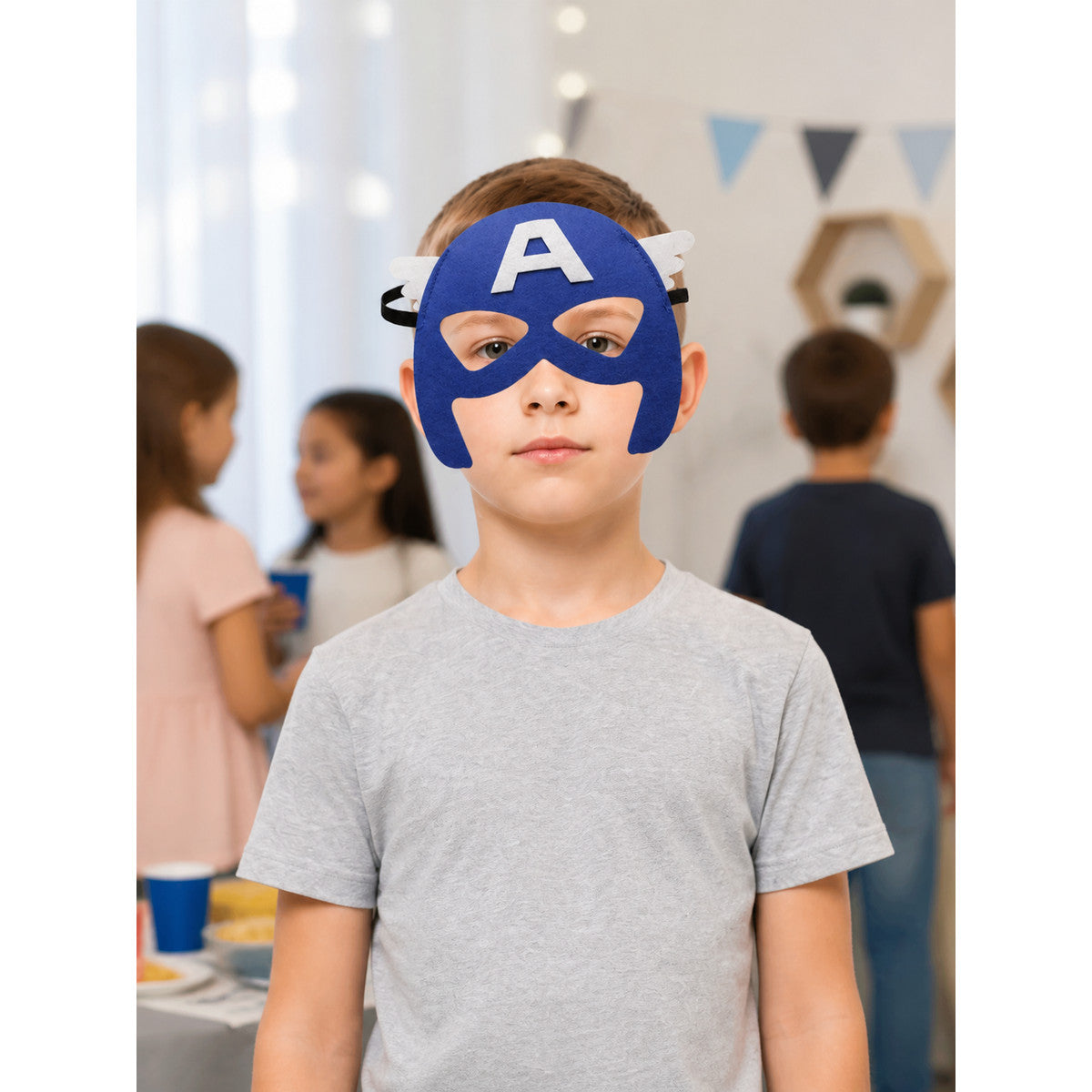 Blue Cosplay Mask with White Letter A and Wings lifestyle view