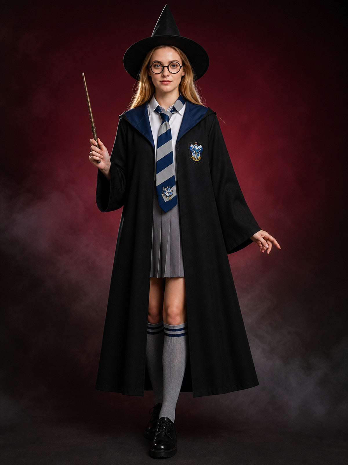 Wizard Robe Costume Set with Hat, Scarf, Glasses and Wand, Halloween Cosplay