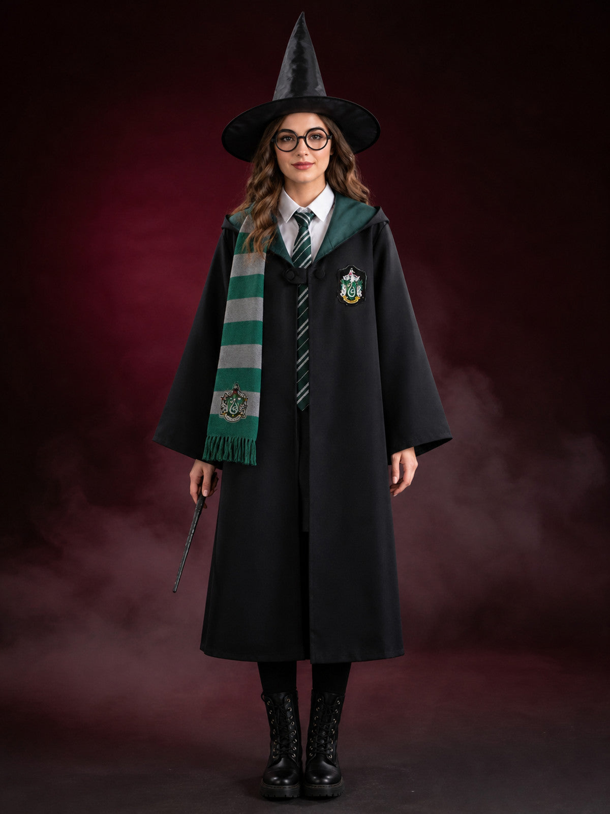 Slytherin Wizard Costume Set, Hooded Cloak with Scarf, Tie, Hat, Glasses & Wand main product view
