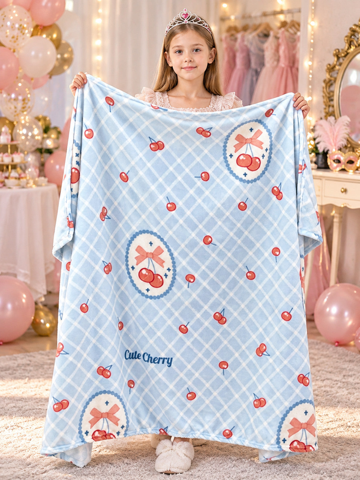Blue Plaid Polyester Blanket with Cherries and Bows