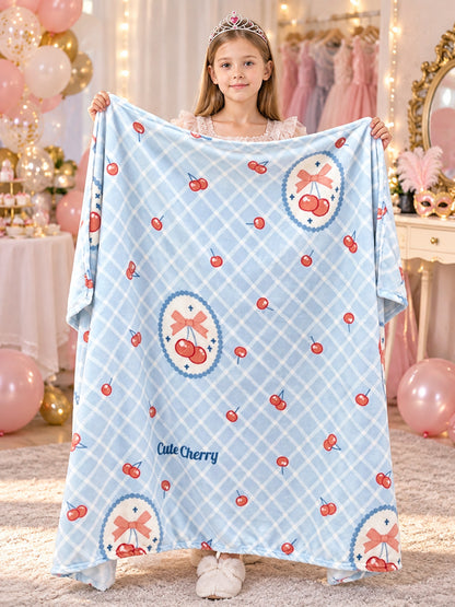 Blue Plaid Polyester Blanket with Cherries and Bows