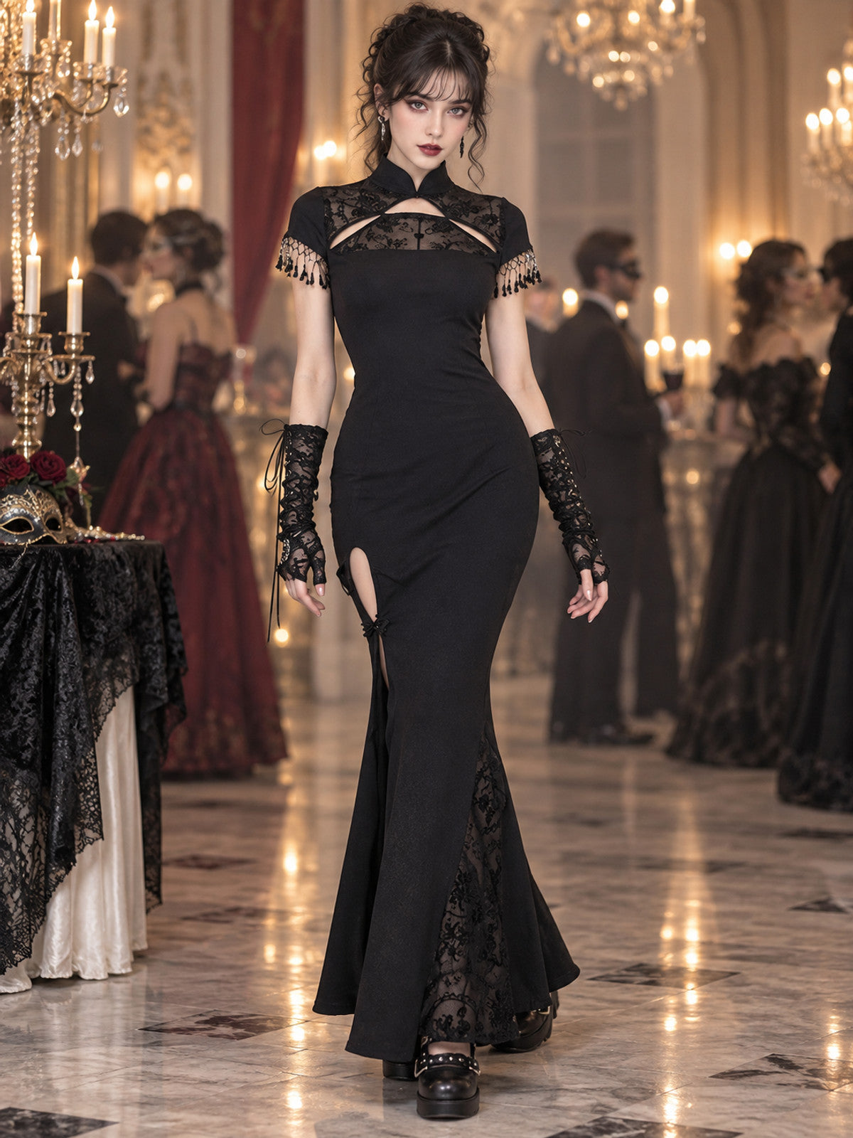 Gothic Black Lace Dress with High Collar