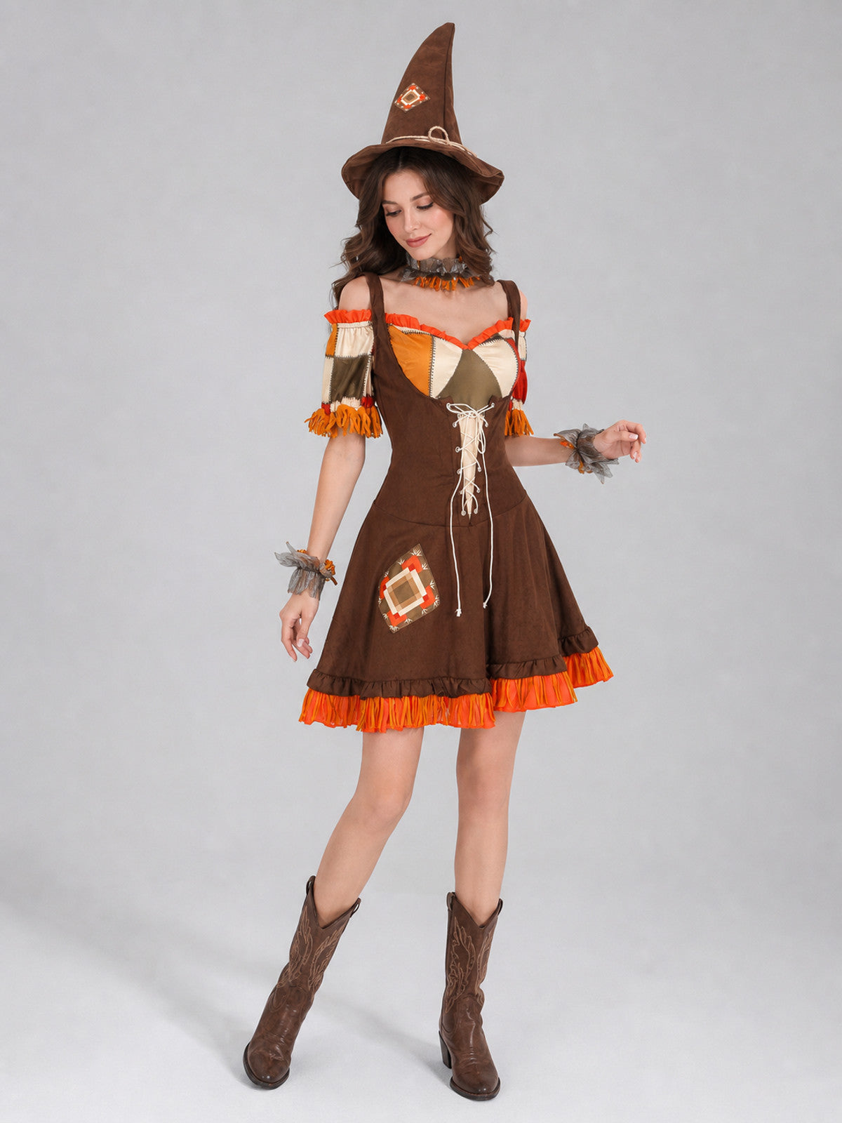 Witch costume with dress, hat, and fringe