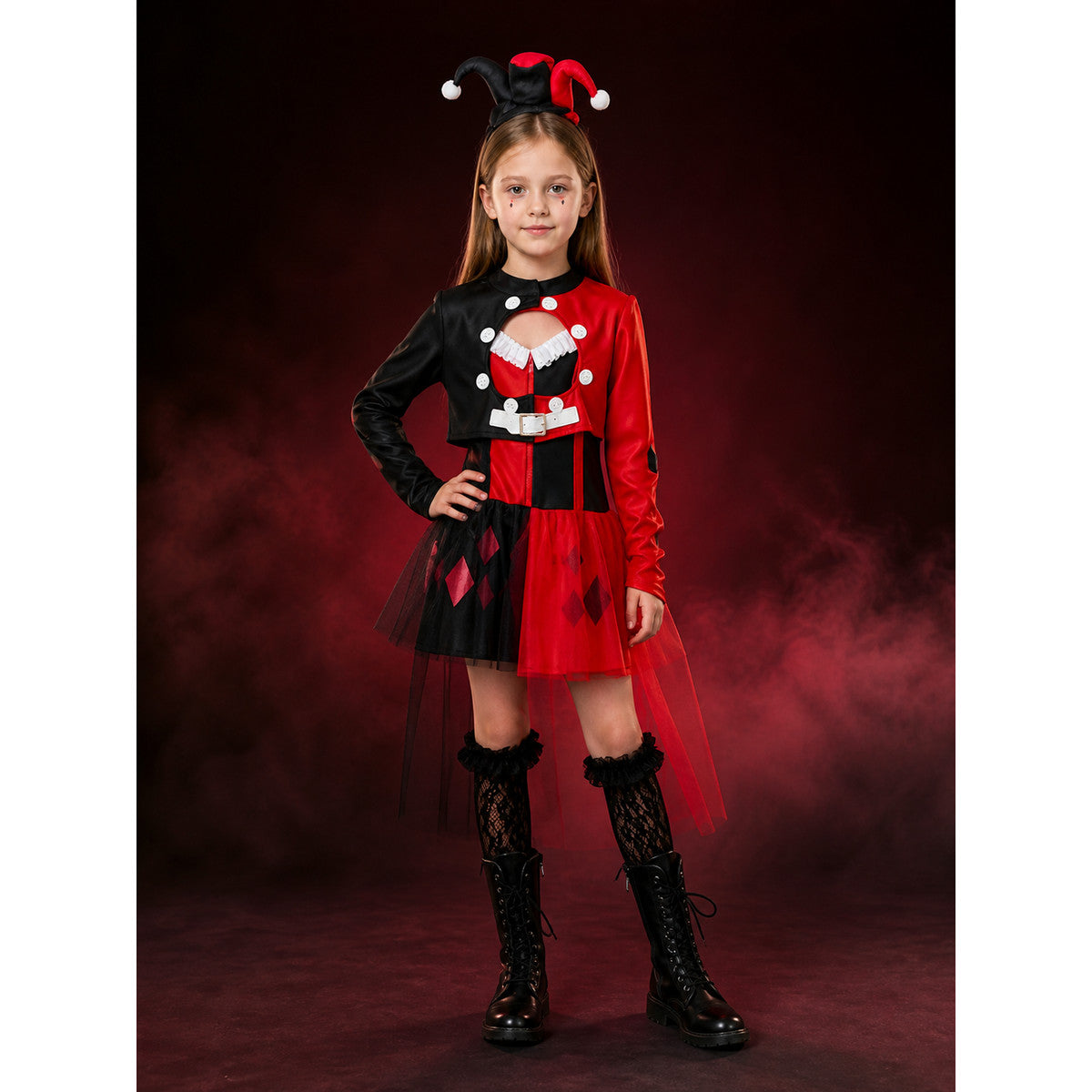 Kids Clown Circus Halloween Costume Set - Black Red Harlequin Dress with main product view
