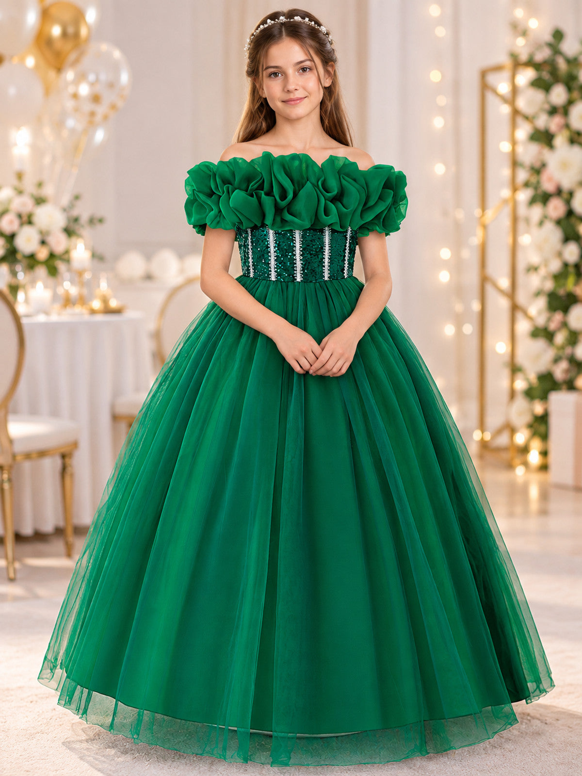 Dark Green Girls' Dressy Dress with Off-the-Shoulder Neckline