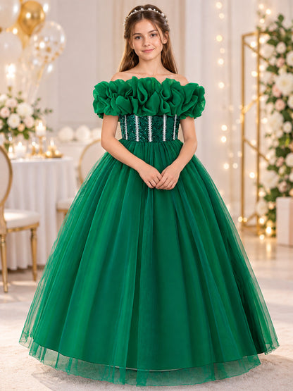 Dark Green Girls' Dressy Dress with Off-the-Shoulder Neckline