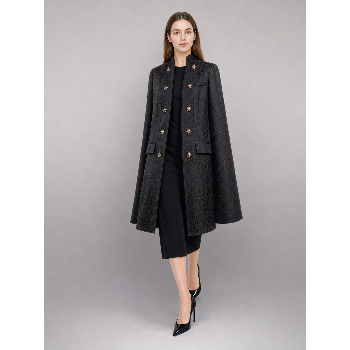 Black carnival cloak with jacquard pattern lifestyle
