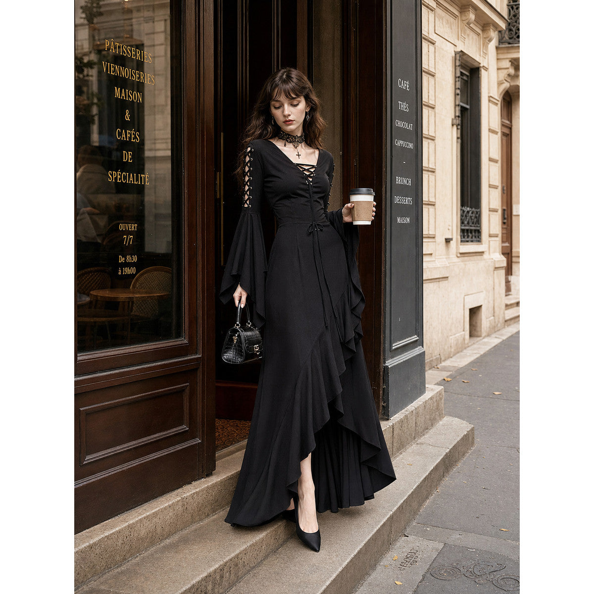Halloween Gothic Lace-Up Maxi Dress lifestyle view