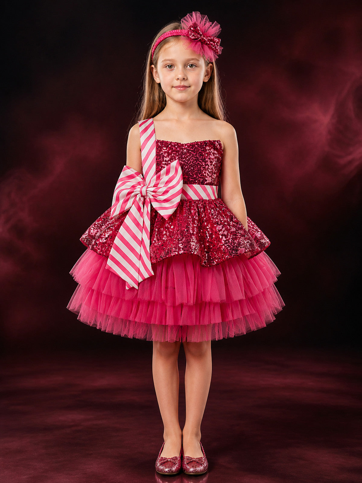 Girls' Sequin Tulle Princess Dress Costume with Bow, Christmas Party Outfit main product view
