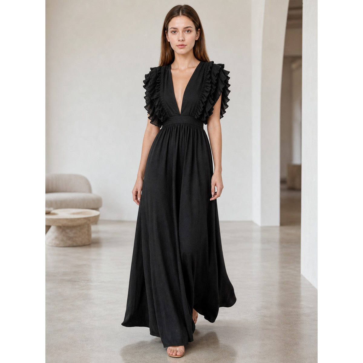Floor-Length Evening Dress with a Deep V-Neckline