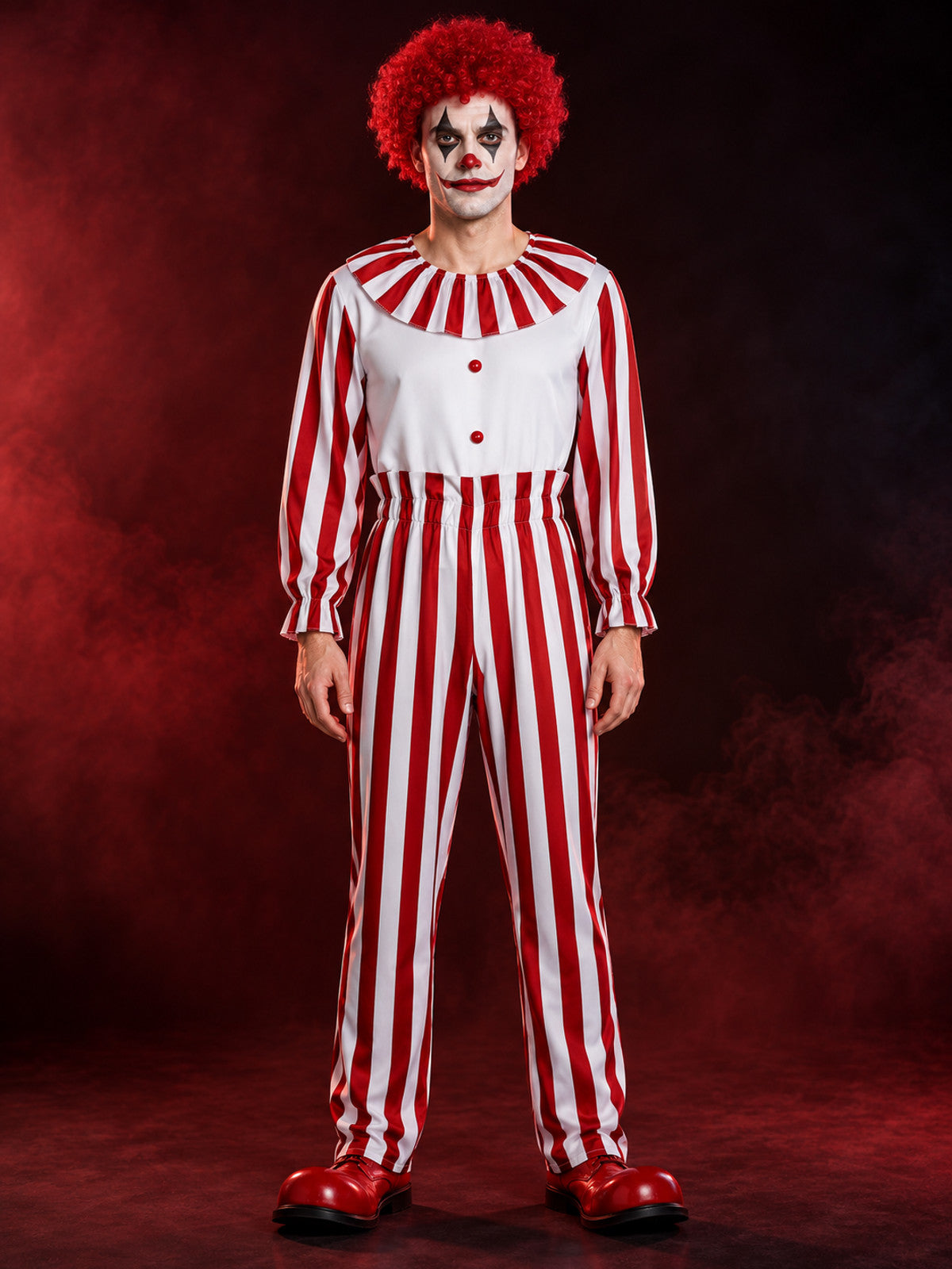 Clown costume jumpsuit in red and white stripes with a jabot