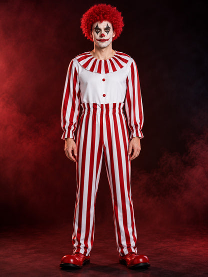 Clown costume jumpsuit in red and white stripes with a jabot