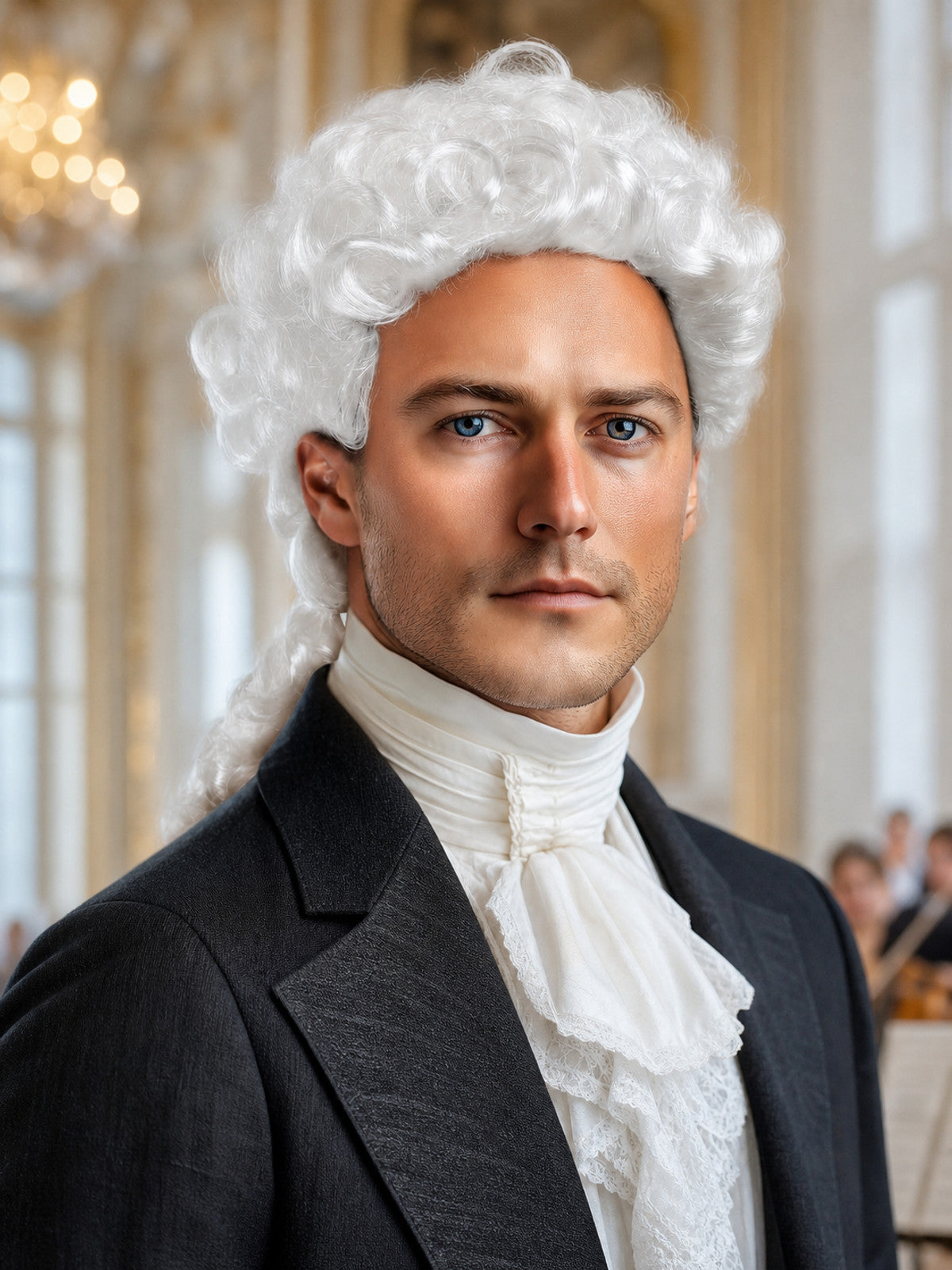 White curly wig with a long back section, shown on a model in a black coat and white neckcloth in a styled room