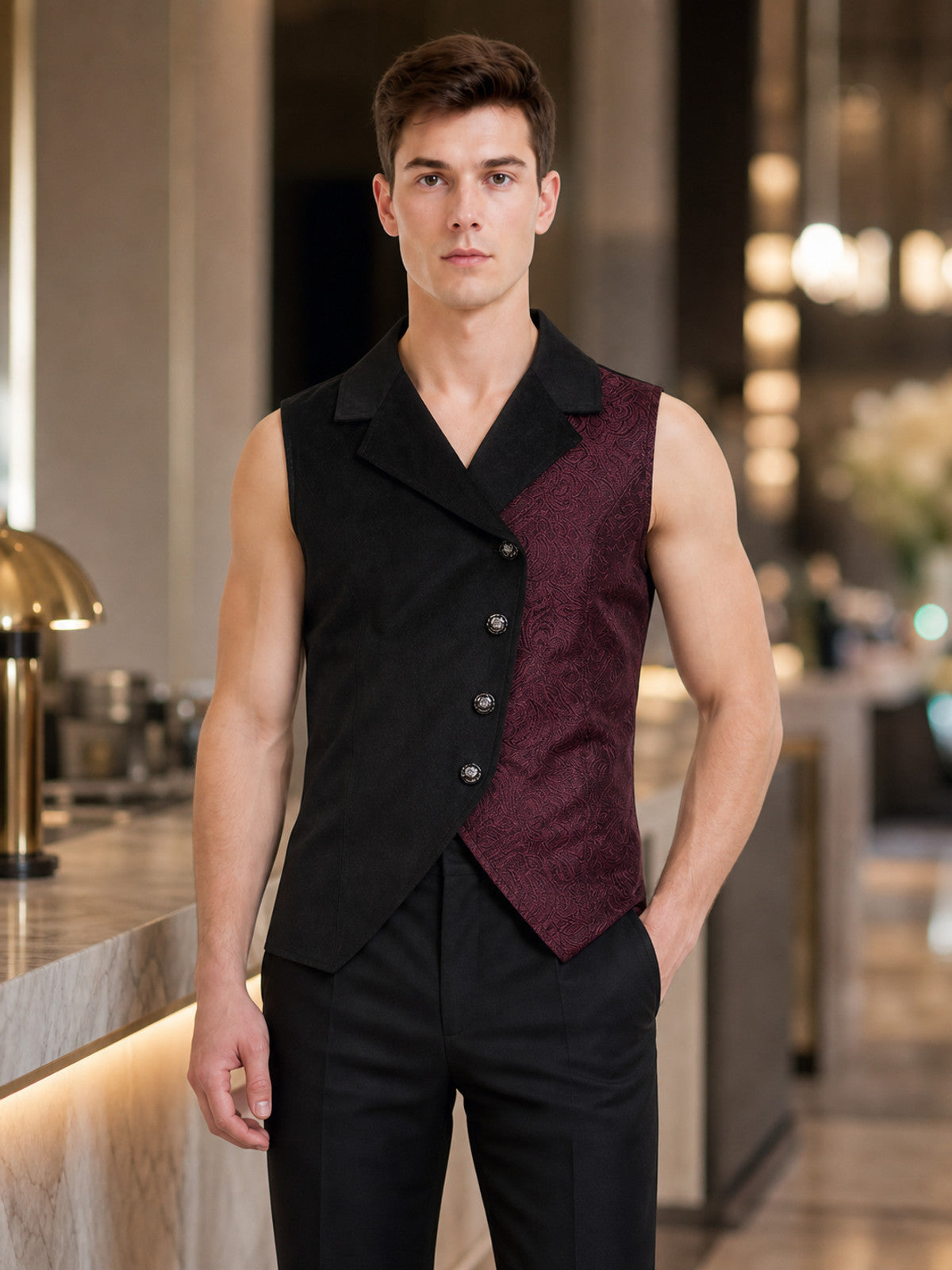 Asymmetrical Sleeveless Steampunk Vest lifestyle view